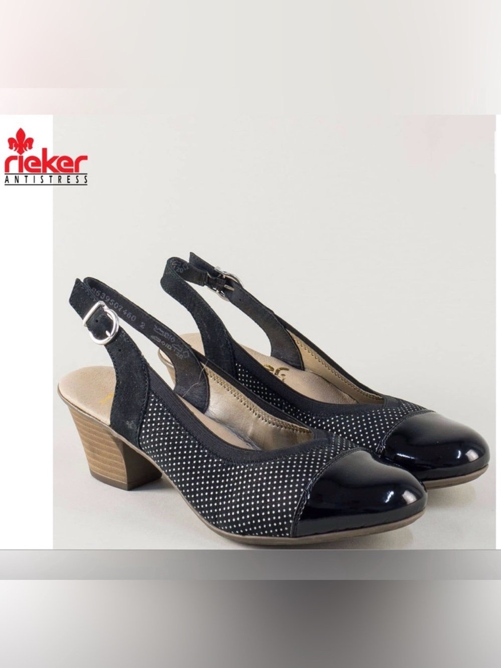 Rieker Antistress Polka Dot Patent Cap Toe Slingback Heels Sz 38 / 7-7.5